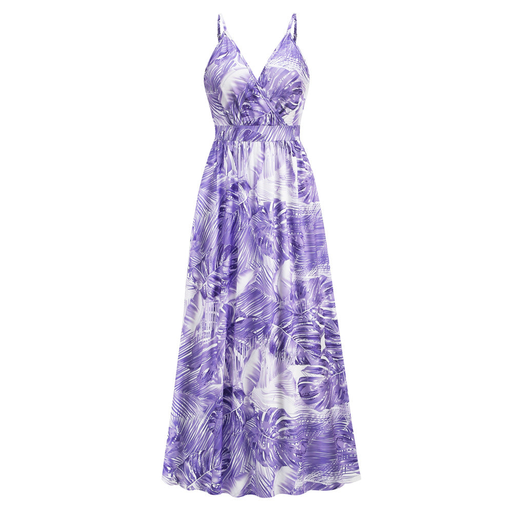 Bohemian print maxi dress sexy V-neck slip dress