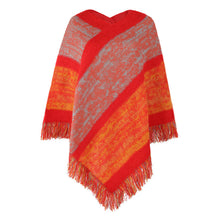 Load image into Gallery viewer, Contrast stripe knitted cape fringed cape
