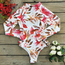 Load image into Gallery viewer, Long sleeve printed swimsuit women&#39;s bandage hollow surfing beach
