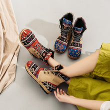 Load image into Gallery viewer, High-top Linen Cloth Shoes Embroidered Lace-up Flanging Color Matching Shoes National Wind Cotton and Linen Booties
