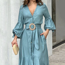 Load image into Gallery viewer, Green dress dress fashion casual Vneck lapel long dress
