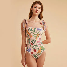 Load image into Gallery viewer, Double fabric retro printed swimsuit conservatively cover belly slim one-piece swimsuit women&#39;s plus size swimsuit
