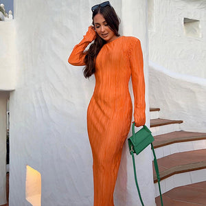 Women's fashion casual solid color round neck long sleeves slim pleated long skirt pressed pleated dress