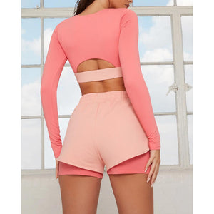 Long-sleeved yoga wear stitching contrast color fitness sports suit outdoor running two-piece