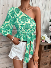 Load image into Gallery viewer, Mandala Print One Shoulder Balloon Sleeve Ruffle Hem Tie Shirt Tie Top
