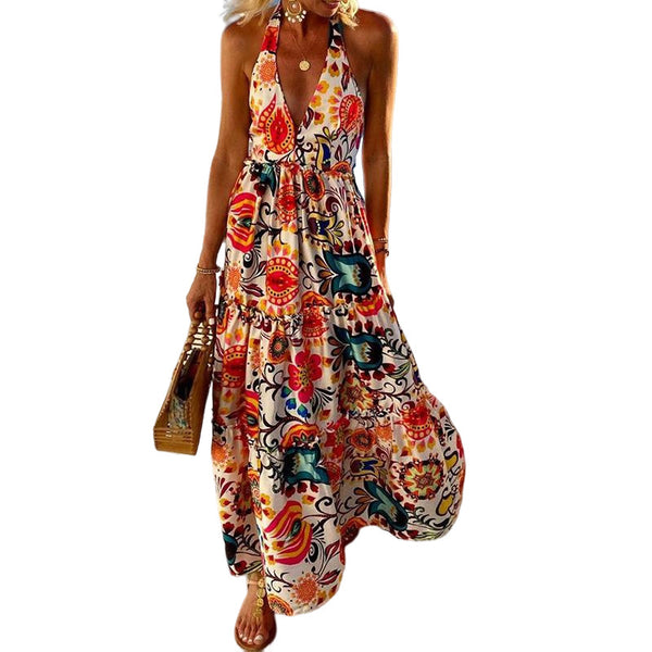 Stylish deep V halterneck sleeveless print resort beach dress