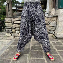 Load image into Gallery viewer, Ethnic style summer men&#39;s and women&#39;s same large crotch pants cotton and linen printed casual lantern trousers
