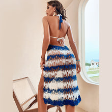 Load image into Gallery viewer, Beach skirt new style women&#39;s knitted openwork color-block halterneck bikini blouse split skirt woman
