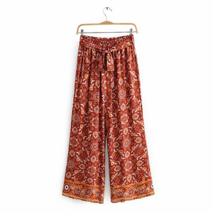 Boho print wide leg pants Elastic waist tie trousers