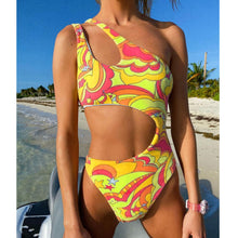 Load image into Gallery viewer, One-shoulder personality hollow one-piece bikini sexy print one-piece swimsuit

