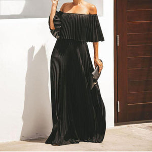 Women's long skirt sexy off-the-shoulder pleated chiffon evening dress