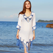 Load image into Gallery viewer, Hand crochet fringed lace outdoor hollow hand-woven beach sunscreen bohemian beach skirt women
