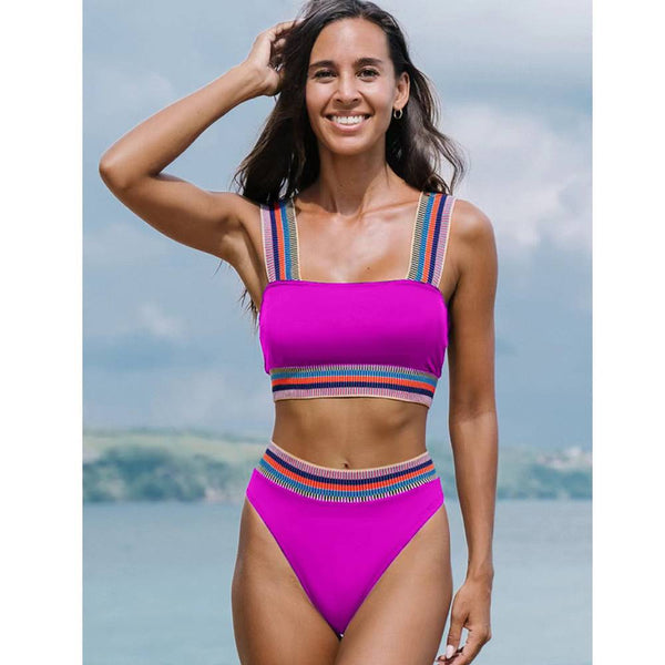 Swimsuit split solid color bikini two-piece set of high-waisted color elastic