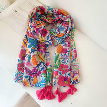Load image into Gallery viewer, Bohemian colorful flowers, cotton and linen hand scarf, sunscreen, beach scarf, scarf scarf woman
