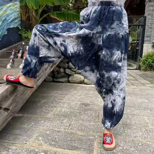 Ethnic style summer men's and women's same large crotch pants cotton and linen printed casual lantern trousers