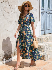 V-neck, short sleeves, lace-up high-rise maxilla dress, beach casual dress