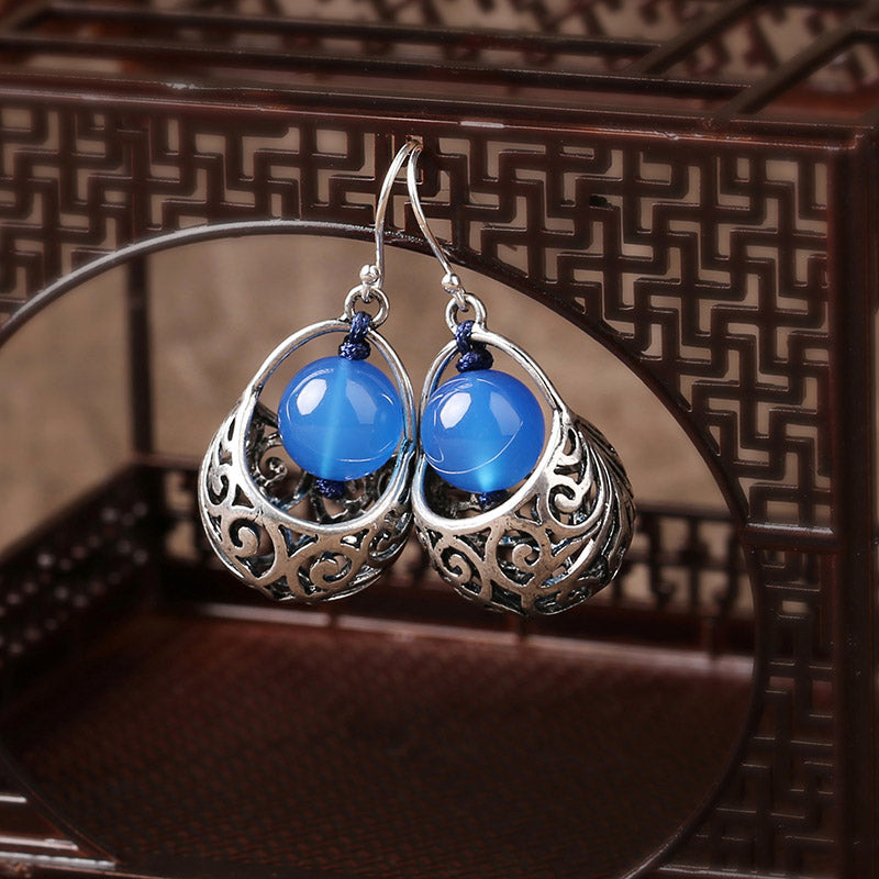 Ethnic Style Earrings Blue Agate Silver Earrings Retro Tibetan Style with Cheongsam Sterling Silver Earrings