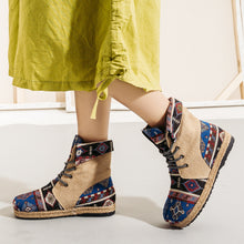 Load image into Gallery viewer, High-top Linen Cloth Shoes Embroidered Lace-up Flanging Color Matching Shoes National Wind Cotton and Linen Booties
