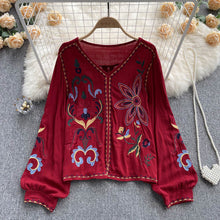 Load image into Gallery viewer, Retro heavy industry embroidered top women&#39;s spring and autumn new V-neck loose lantern sleeves ethnic style cotton and linen shirt
