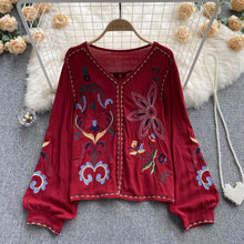 Load image into Gallery viewer, Retro heavy industry embroidered top women&#39;s spring and autumn new V-neck loose lantern sleeves ethnic style cotton and linen shirt
