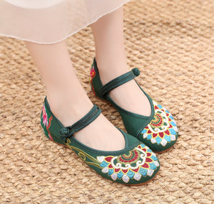 Canvas embroidered cloth shoes women's shoes single shoe one-line buckle low heel