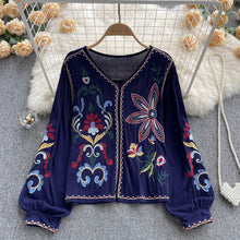 Load image into Gallery viewer, Retro heavy industry embroidered top women&#39;s spring and autumn new V-neck loose lantern sleeves ethnic style cotton and linen shirt
