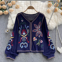 Load image into Gallery viewer, Retro heavy industry embroidered top women&#39;s spring and autumn new V-neck loose lantern sleeves ethnic style cotton and linen shirt
