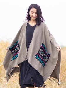 Open Fork Pockets Fethnic  Scarf Women with Spring and Autumn Outside with Air-conditioned Shawl Cloak