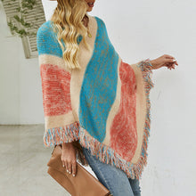 Load image into Gallery viewer, Contrast stripe knitted cape fringed cape
