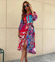 Load image into Gallery viewer, Women&#39;s Lace-Up Print Polo Neck Midi Dress
