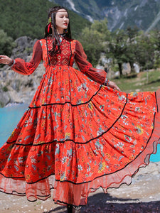 Retro ethnic style women's dress long sleeve midi dress