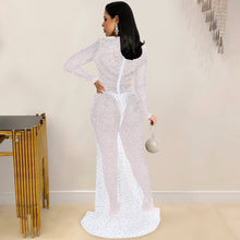 Load image into Gallery viewer, Hot drill women&#39;s mesh see-through long-sleeved slit dress women

