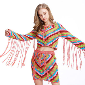 Long Sleeve Top Women Fashion Short High Waist Tassel Hand Crochet Swimsuit Cover Up Simple Beach Swimwear