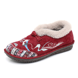 Women's Vintage Embroidery Ethnic Style Women's Warm keeping Cotton Shoes Middle aged and Old Aged Thick velvet Mother's Shoes Cotton Boots