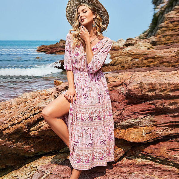 Women's V-neck high-waisted bohemian dress women's mid-length a-line dress