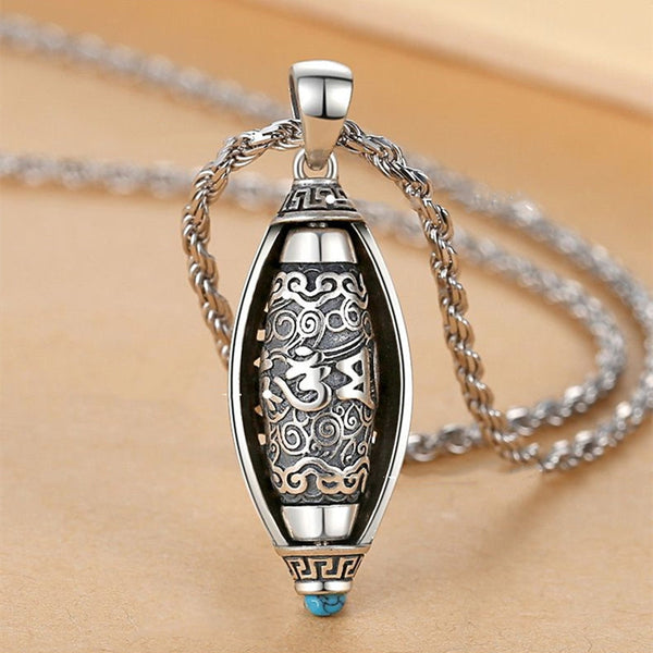S925 Sterling Silver Lucky Transfer Six Words Turquoise Nine Eyes Beads Pendant Necklace
