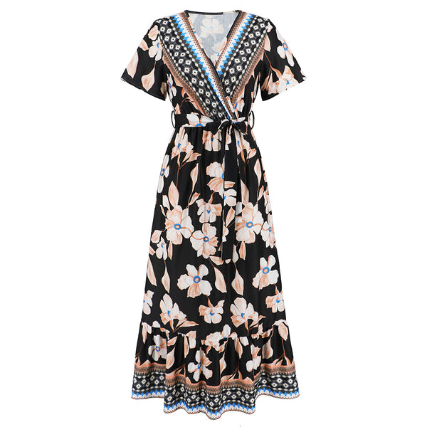 Vintage exotic print maxi dress bohemian seaside resort beach dress plus-size