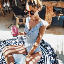 Load image into Gallery viewer, Ladies One Piece High Waist Bikini Striped Ruffle Backless Swimsuit
