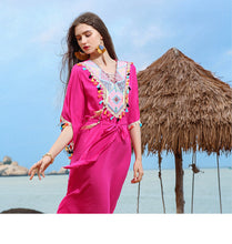 Load image into Gallery viewer, Boho Ethnic Beach Dress Resort Mid Length V Neck Dress
