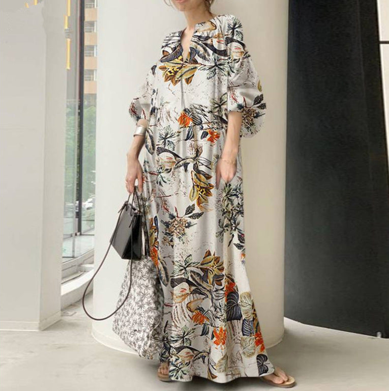 Long cotton and linen print, V-neck, simple loose plus-size dress
