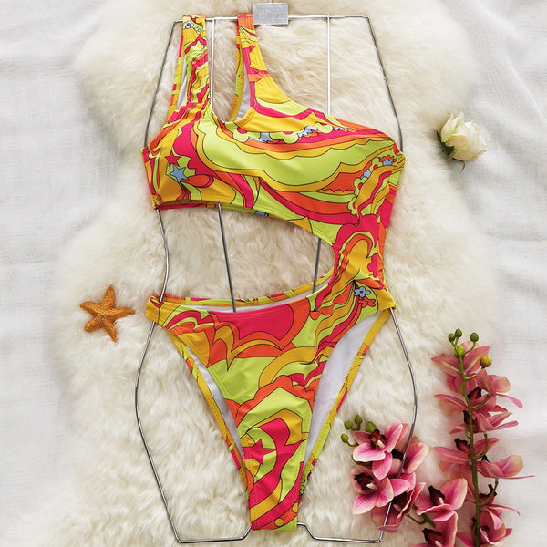 One-shoulder personality hollow one-piece bikini sexy print one-piece swimsuit