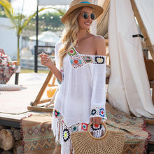 Load image into Gallery viewer, New Off The Shoulder half Sleeve Hook Pattern Stitching Irregular Tassel Beach Cover Up Shirt Ethnic Style Dress
