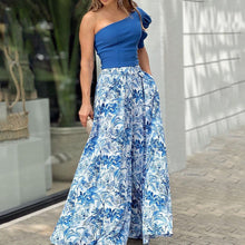 Load image into Gallery viewer, Two-piece set of personalized one-shoulder sleeve tops and printed skirts
