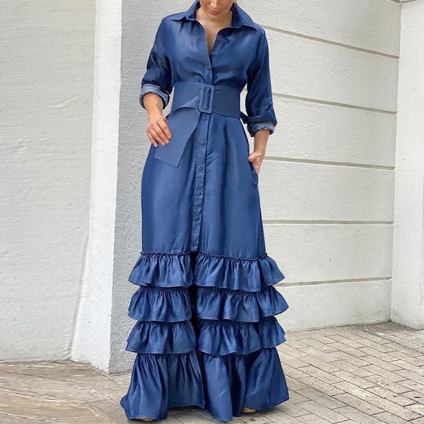 Long solid lapel buttoned belt dress