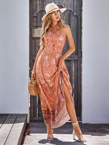 Bohemian print casual halterneck maxi dress