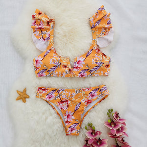 Split bikini three-piece bikini bikini lotus leaf side sling back strap swimsuit