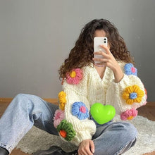 Load image into Gallery viewer, Handmade three-dimensional hook flower flower lantern sleeve sweet loose lazy thick warm sweater cardigan jacket
