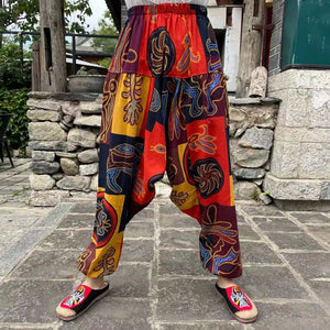 Ethnic style summer men's and women's same large crotch pants cotton and linen printed casual lantern trousers