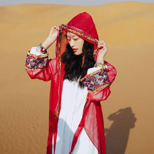 Load image into Gallery viewer, Ethnic style sunscreen cardigan women&#39;s thin desert hooded jacket embroidered retro chiffon beach blouse loose outside
