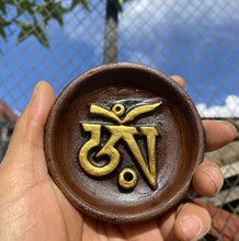 Load image into Gallery viewer, Nepalese Gilded Gray Pottery with Six Character Mantra Circular Handmade Incense Holder
